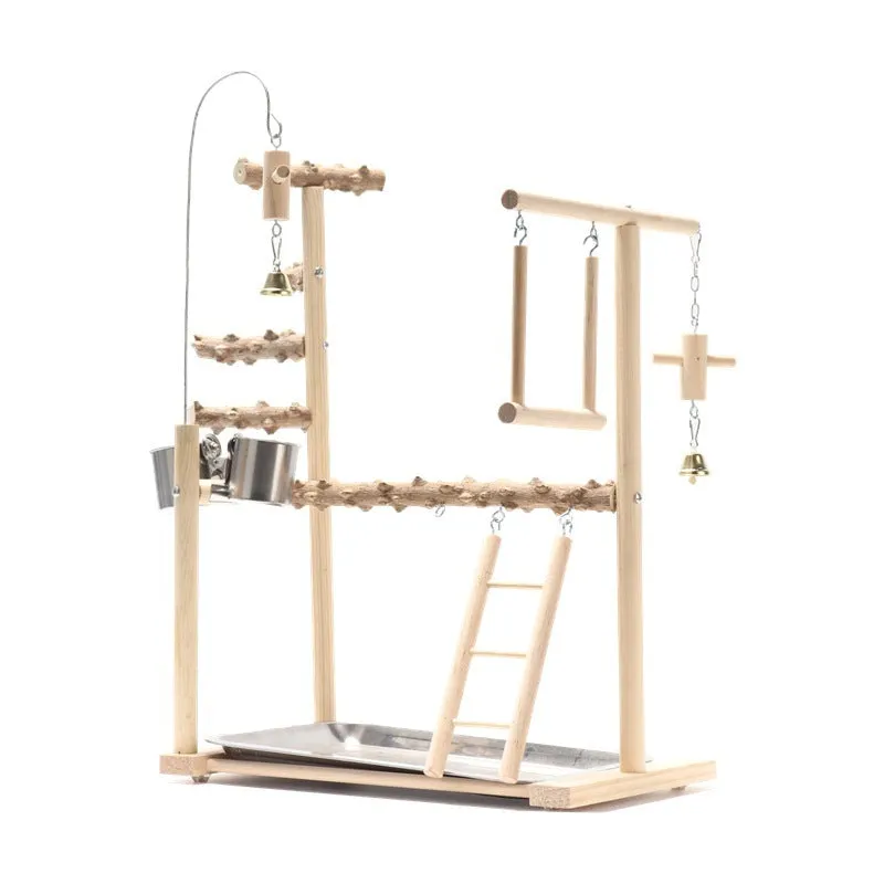 Bird playground stand with solid wood frame and pepper wood branches for parrots