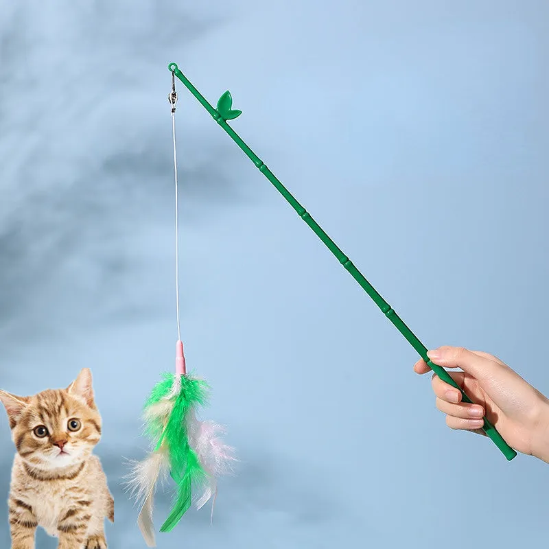 Green interactive cat wand toy with feather and bell attachments for stimulating play