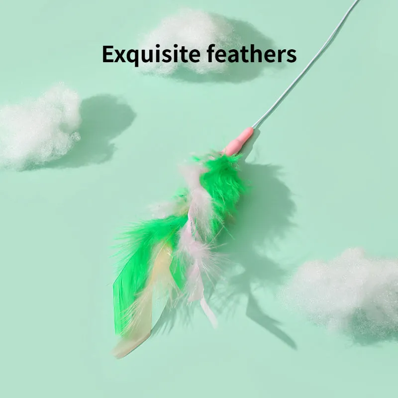 Green interactive cat wand toy with feather and bell attachments for stimulating play