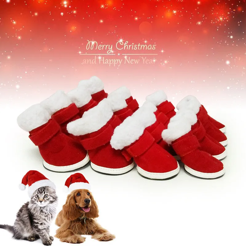 Red plush pet Christmas shoes for small dogs with non-slip rubber sole and Velcro ankle strap