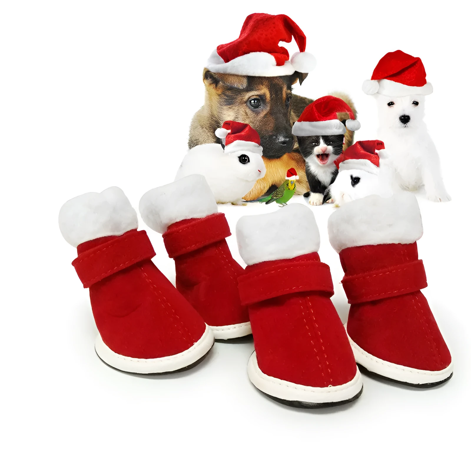 Red plush pet Christmas shoes for small dogs with non-slip rubber sole and Velcro ankle strap