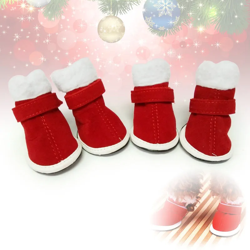 Red plush pet Christmas shoes for small dogs with non-slip rubber sole and Velcro ankle strap
