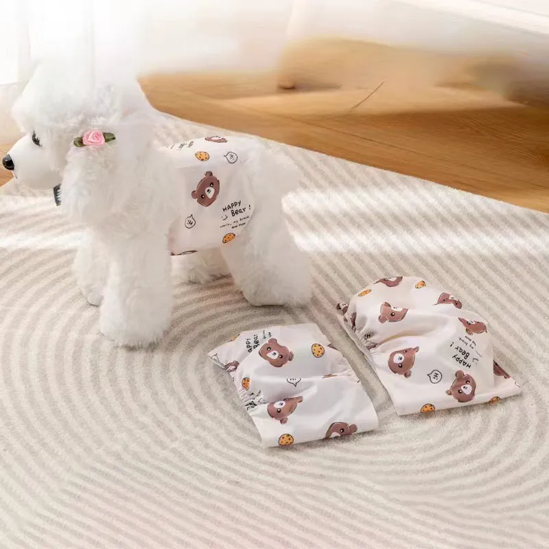 Reusable male dog diaper belly band with cartoon bone paw print design and fastener tape.
