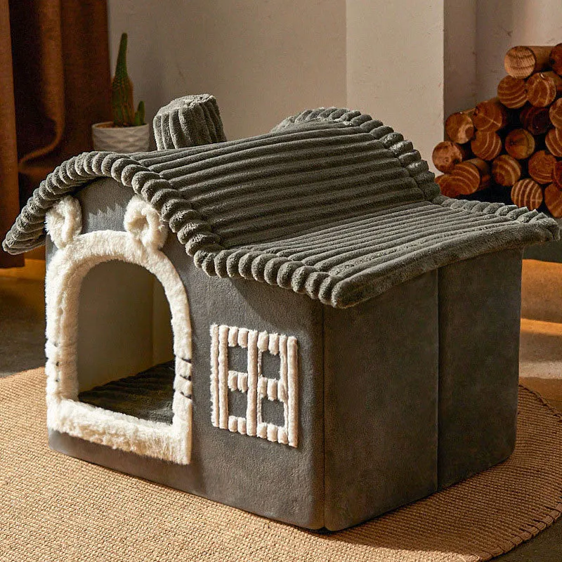 Enclosed PP cotton cat litter box in grey, styled as a warm villa, with open front entry