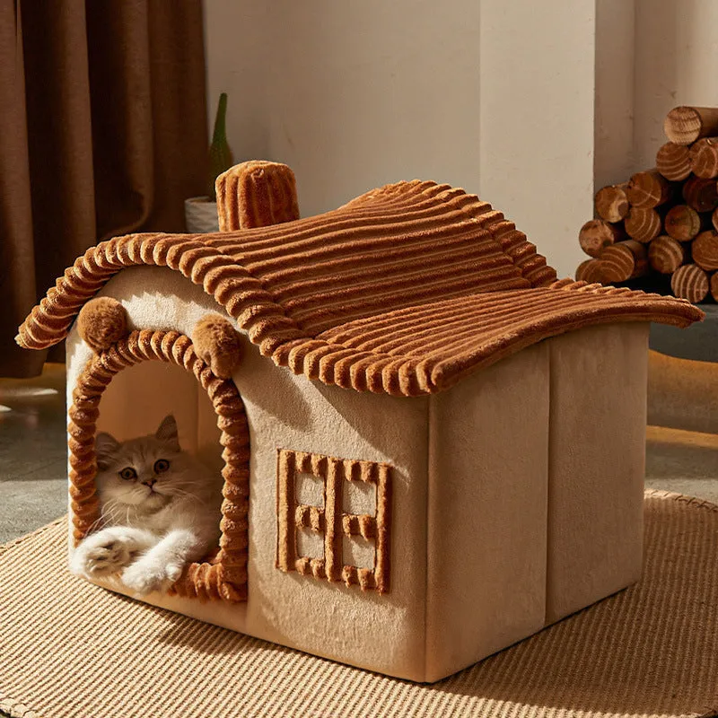 Enclosed PP cotton cat litter box in grey, styled as a warm villa, with open front entry