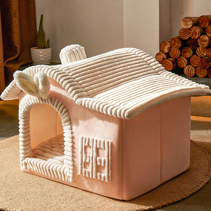 Enclosed PP cotton cat litter box in grey, styled as a warm villa, with open front entry
