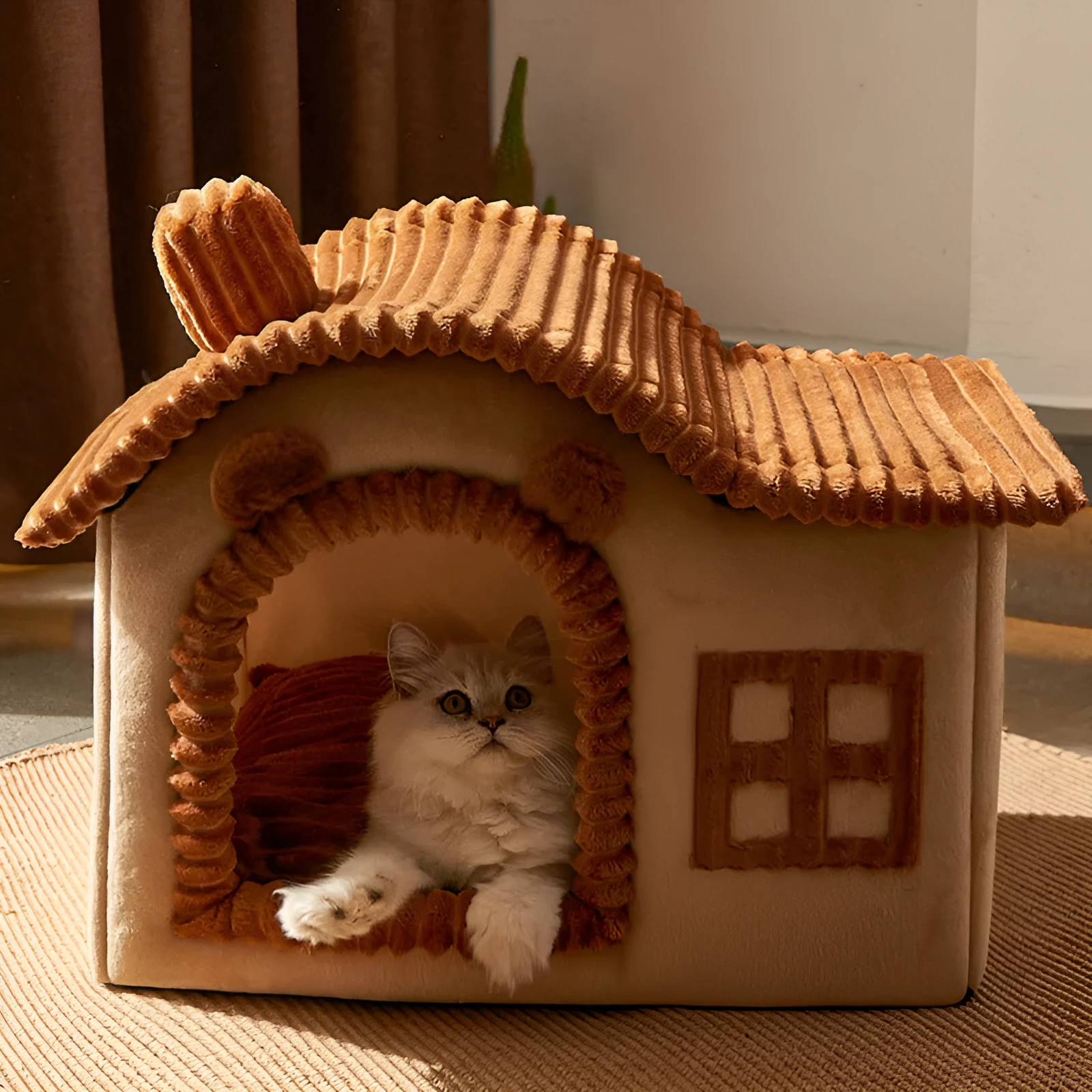 Enclosed PP cotton cat litter box in grey, styled as a warm villa, with open front entry