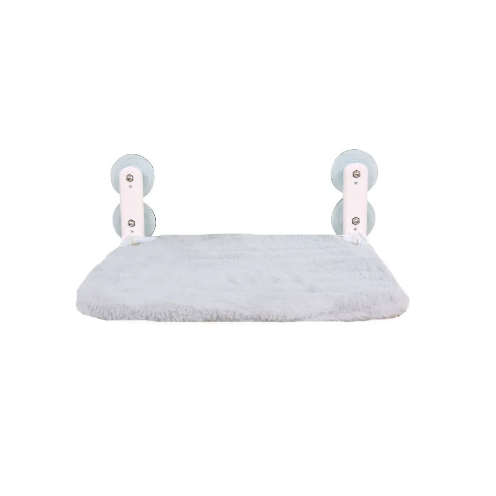 Cat hammock with suction cups attached to a window, beige mesh fabric and stainless steel frame