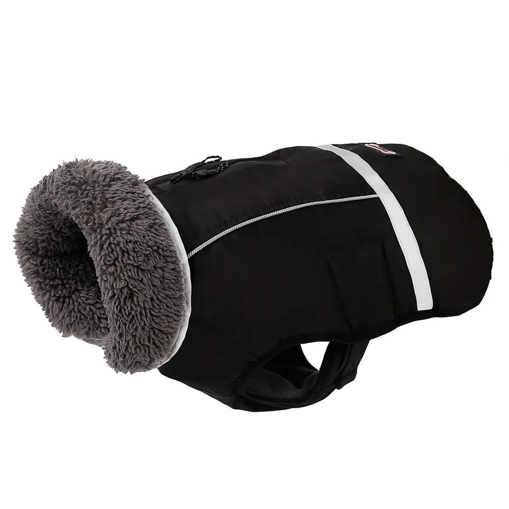 Thick warm dog vest in black waterproof nylon with reflective strips