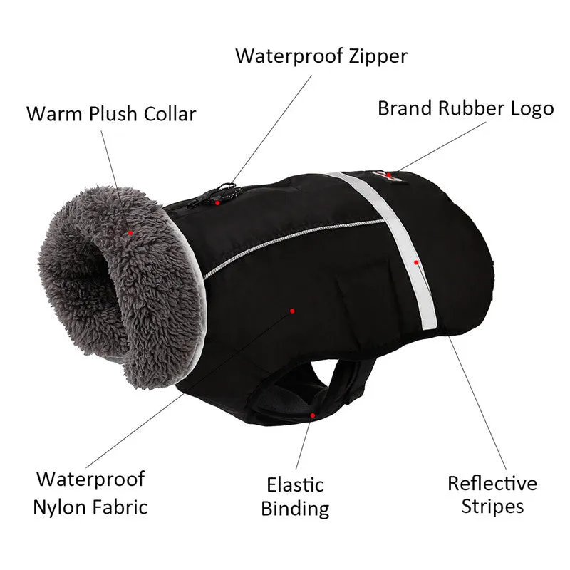 Thick warm dog vest in black waterproof nylon with reflective strips