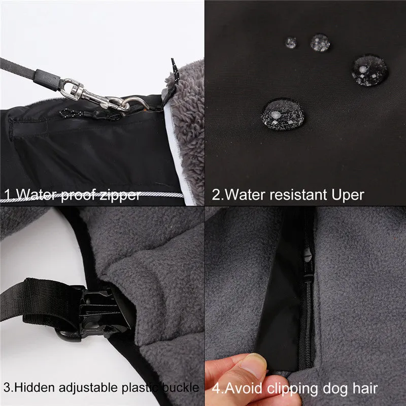 Thick warm dog vest in black waterproof nylon with reflective strips