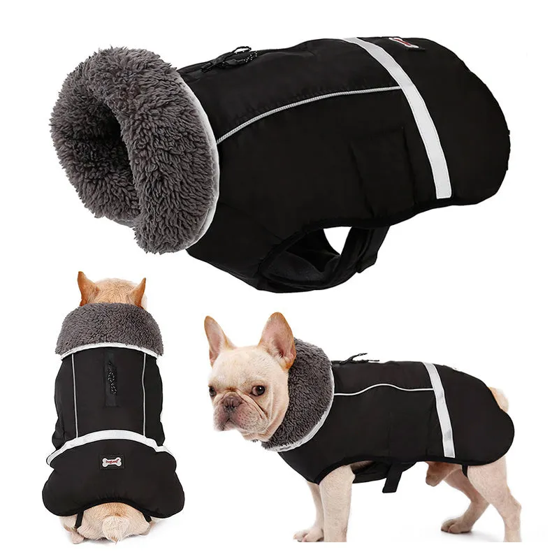 Thick warm dog vest in black waterproof nylon with reflective strips