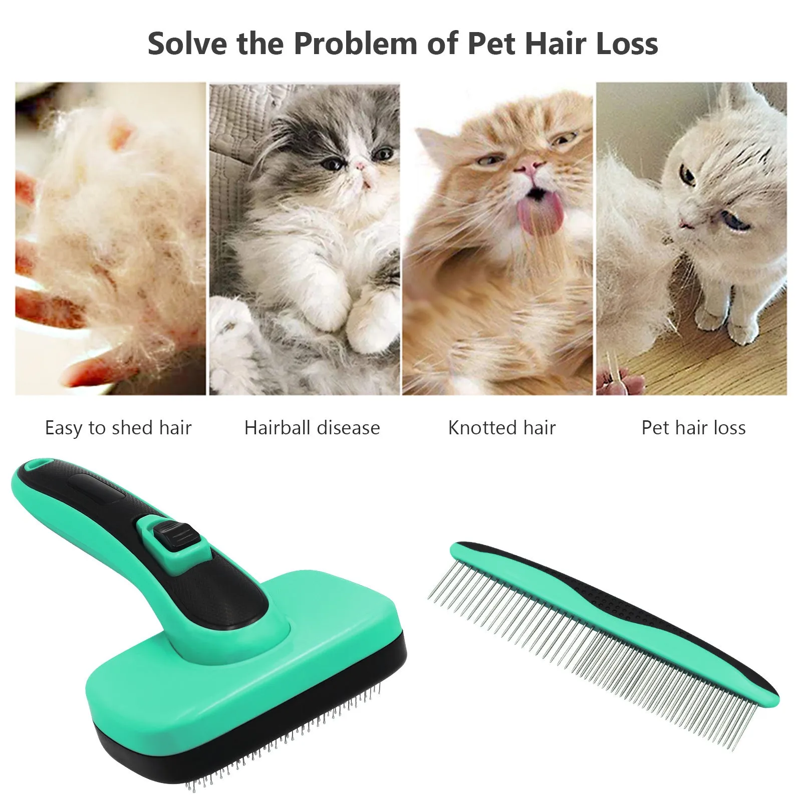 Retractable pet hair removal comb with TPR handle and stainless steel needles for dog and cat grooming