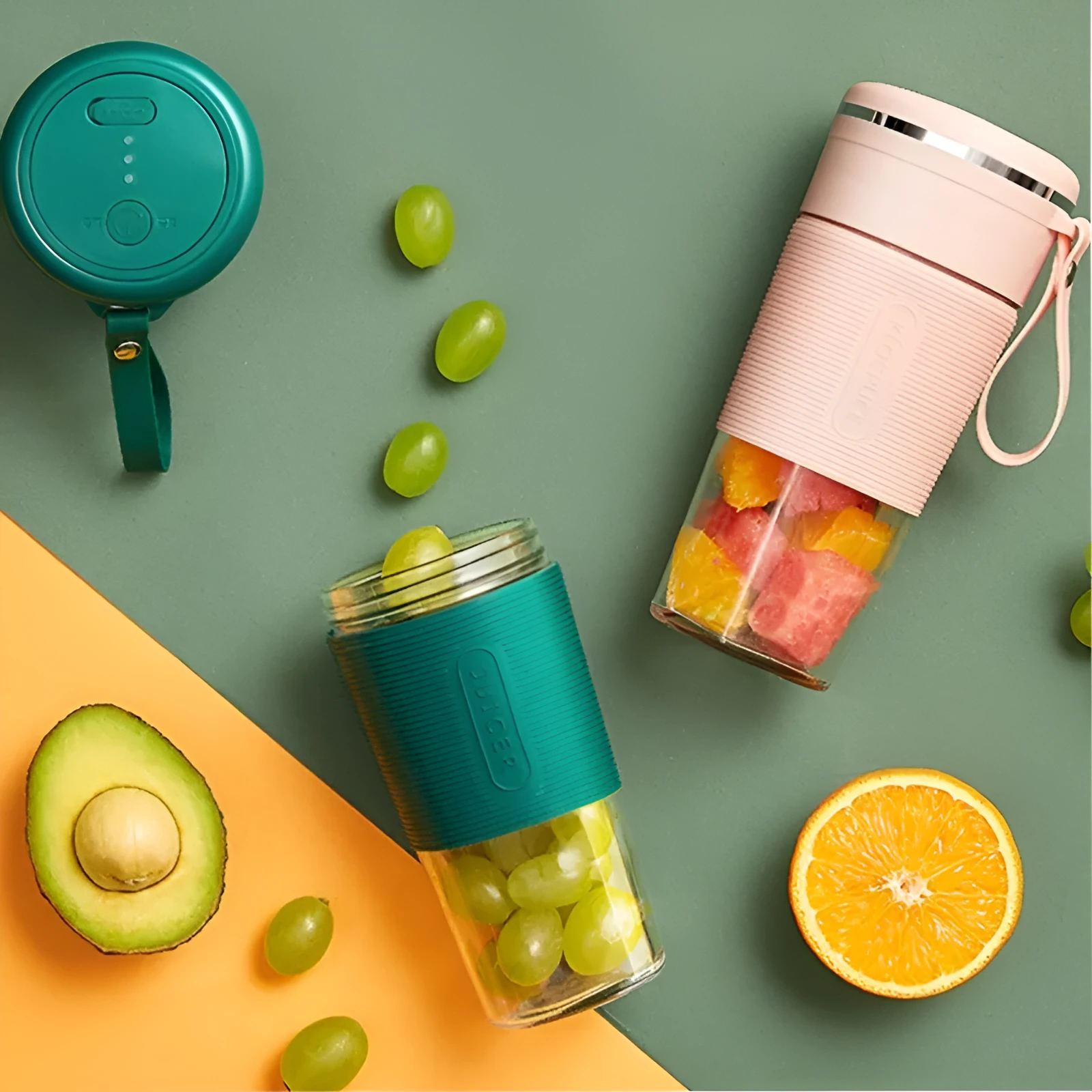 Jiashi K10 portable blender in green with 300ml cup and USB-C charging cable on neutral background
