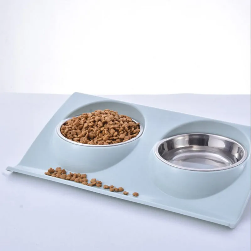 Stainless steel pet double bowl with green PP base and metal inner bowl on floor