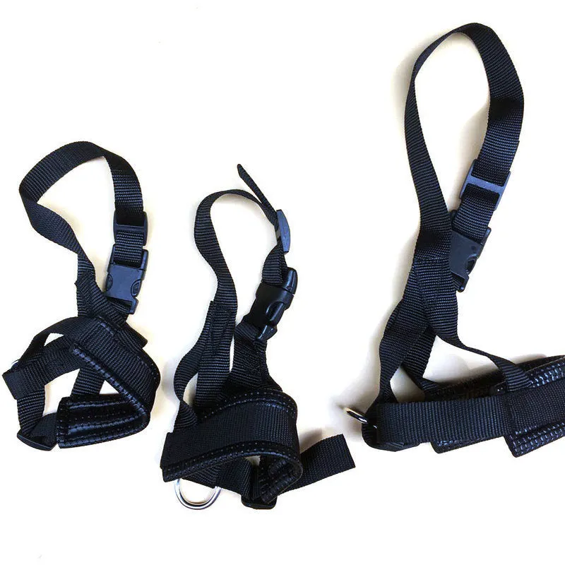 Nylon dog mouth cover with leather trim in black, showing adjustable buckle and breathable holes