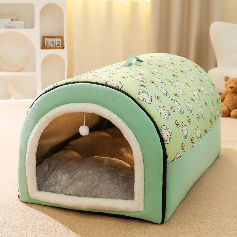 Oxford cloth dog kennel house in brown printed finish with cushioned interior for indoor use