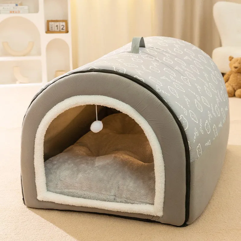 Oxford cloth dog kennel house in brown printed finish with cushioned interior for indoor use