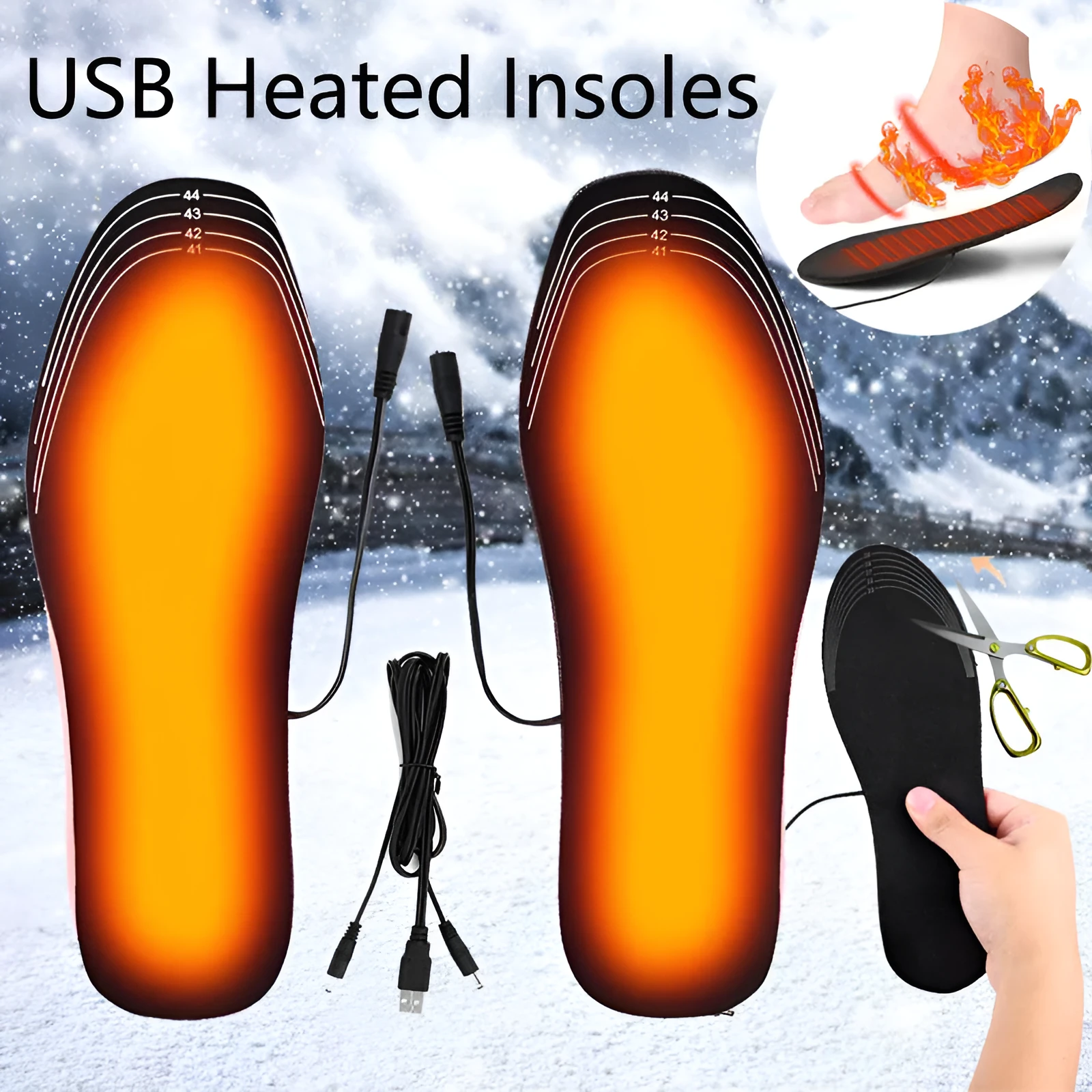 Pair of USB heated shoe insoles with cut-to-fit design for winter warmth