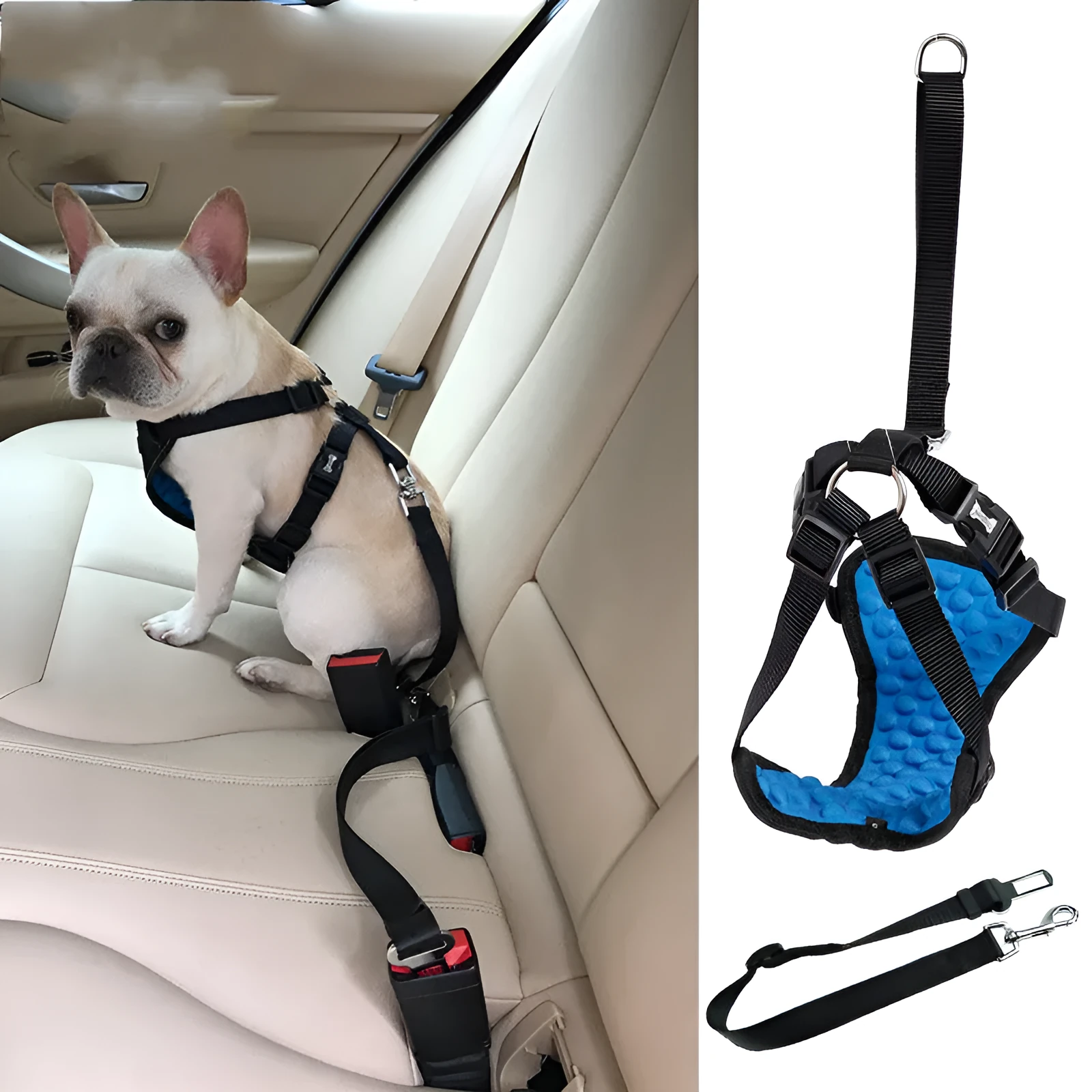 Mesh bumps pet car seat belt chest strap in black and blue for dogs and cats sizes S M L XL