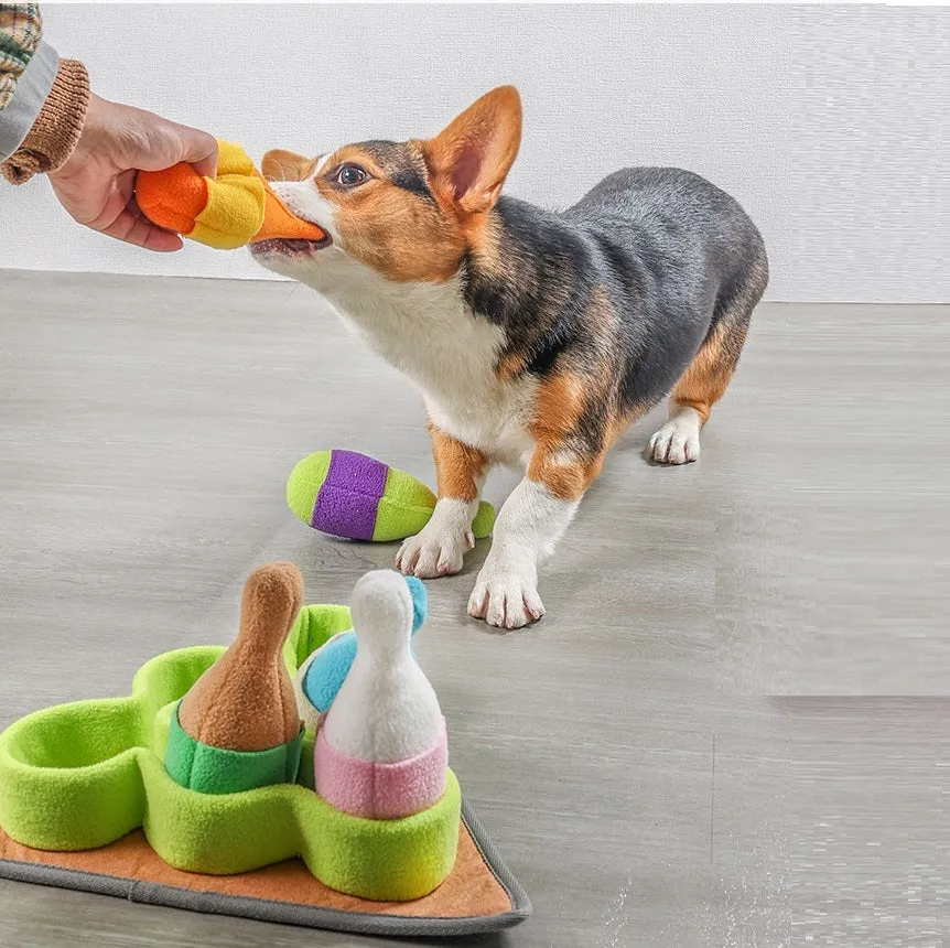Pet puzzle play bowling toy set in polar fleece with sounding feature, 34.5x34.5cm
