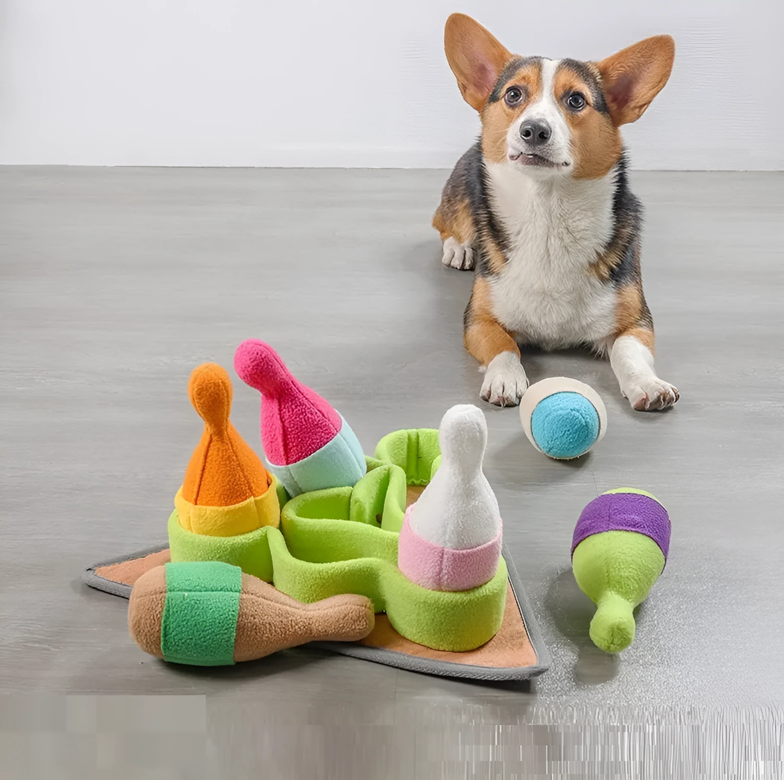 Pet puzzle play bowling toy set in polar fleece with sounding feature, 34.5x34.5cm
