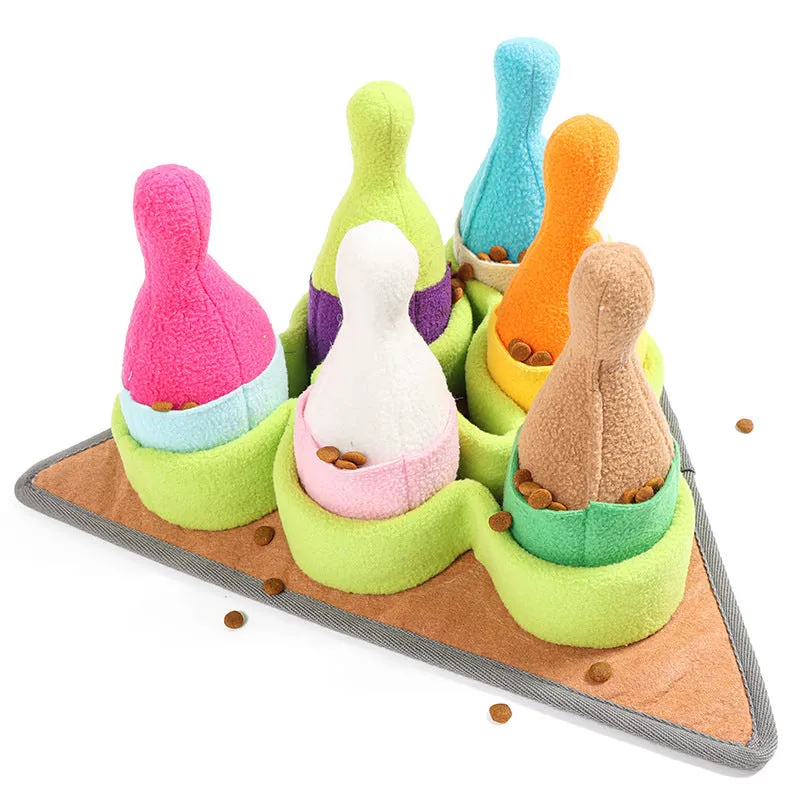 Pet puzzle play bowling toy set in polar fleece with sounding feature, 34.5x34.5cm