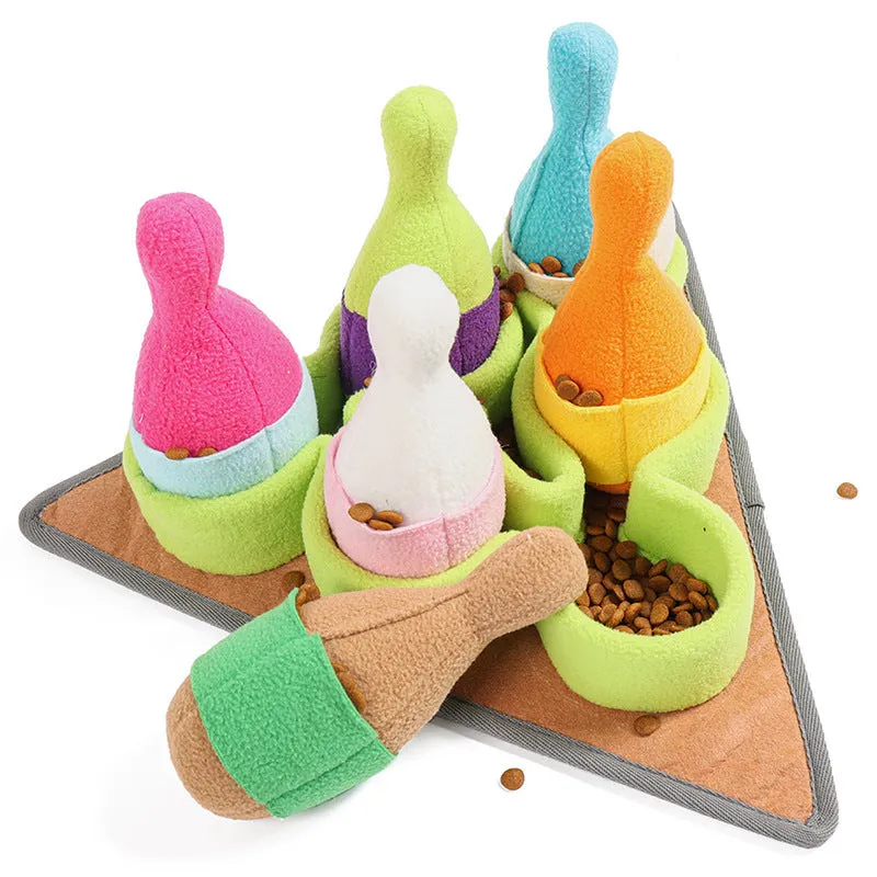 Pet puzzle play bowling toy set in polar fleece with sounding feature, 34.5x34.5cm