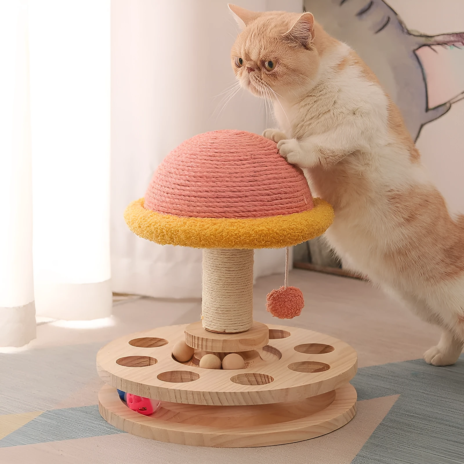 Solid wood turntable cat toy with sisal grinding claw and pillars in Hot Wheels colour
