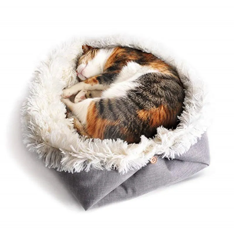 Grey white 2 in 1 pet mattress nest folded into a cosy bed with soft filling, 61x51cm size