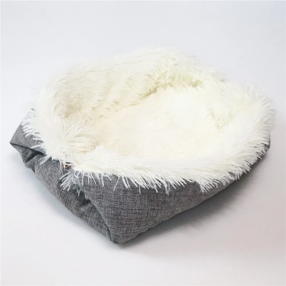 Grey white 2 in 1 pet mattress nest folded into a cosy bed with soft filling, 61x51cm size