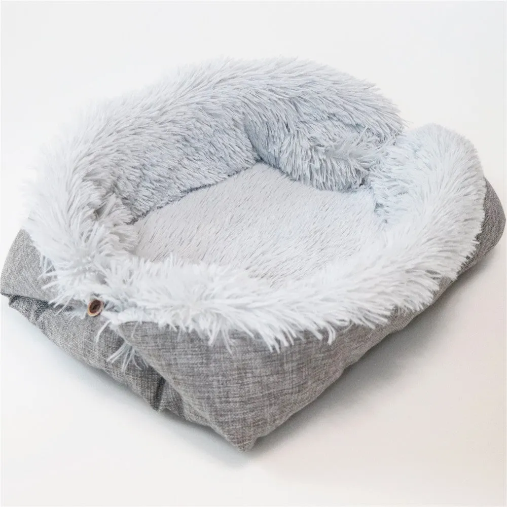 Grey white 2 in 1 pet mattress nest folded into a cosy bed with soft filling, 61x51cm size