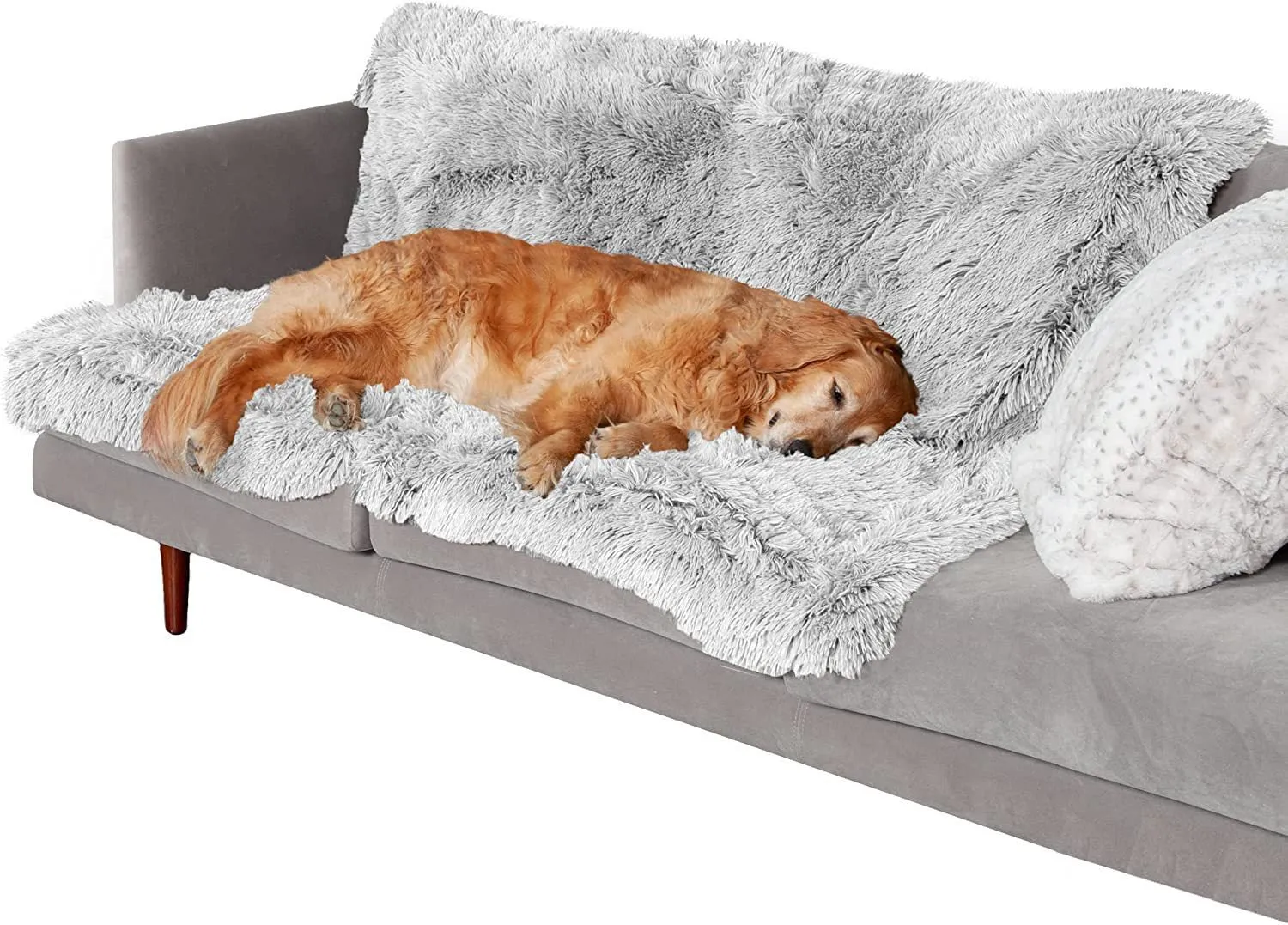 A plush dark grey waterproof dog cushion laid flat, showing its size and texture.
