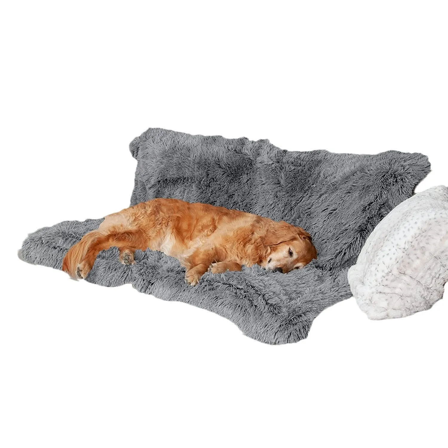 A plush dark grey waterproof dog cushion laid flat, showing its size and texture.