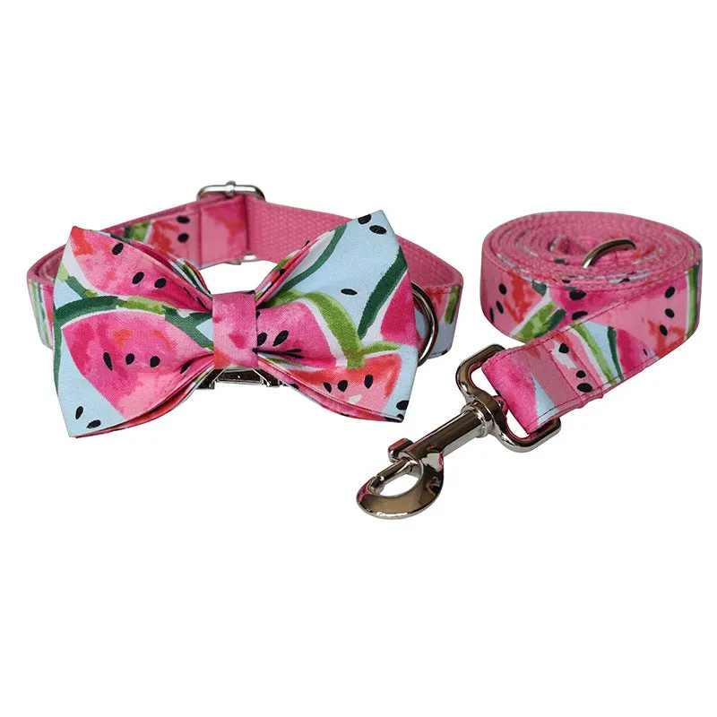 Watermelon Pet Supplies dog collar and leash set with flower pattern and bow knot in polyester, size M