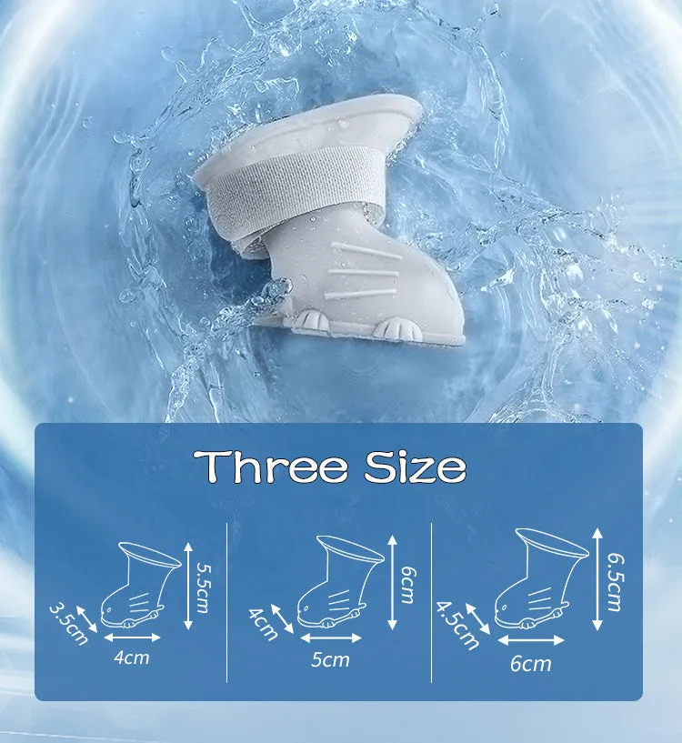 Four waterproof silicone dog rain boots in blue, grey, light blue and pink on a white background