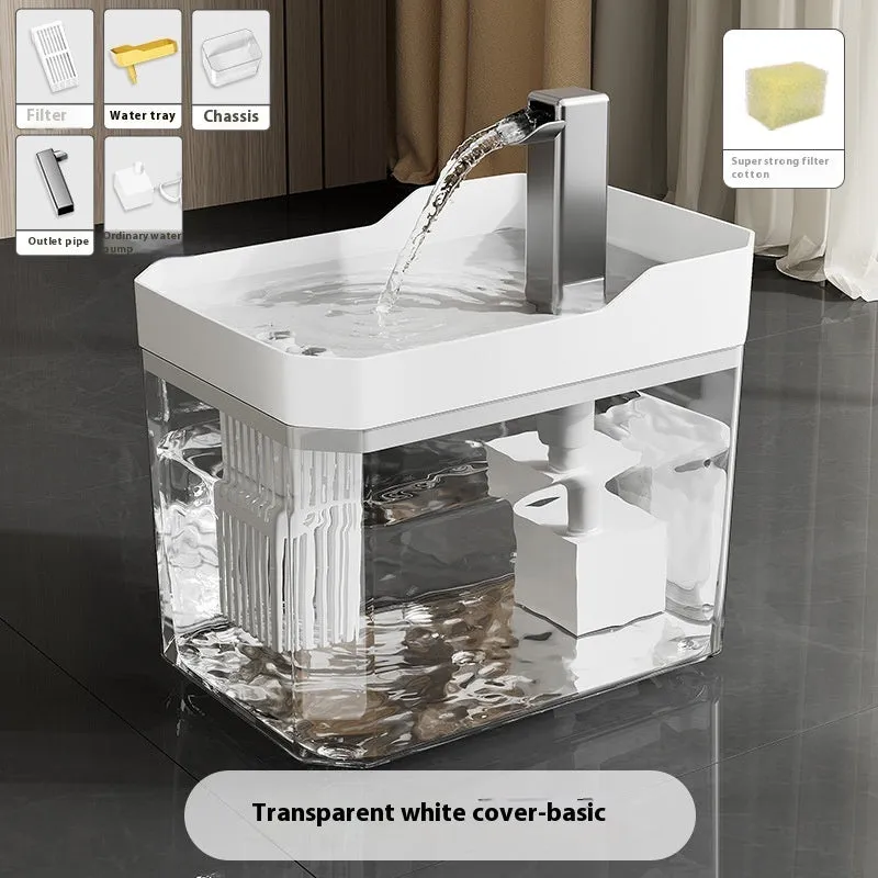 Automatic cat water fountain with filter in transparent plastic, showing water flow.