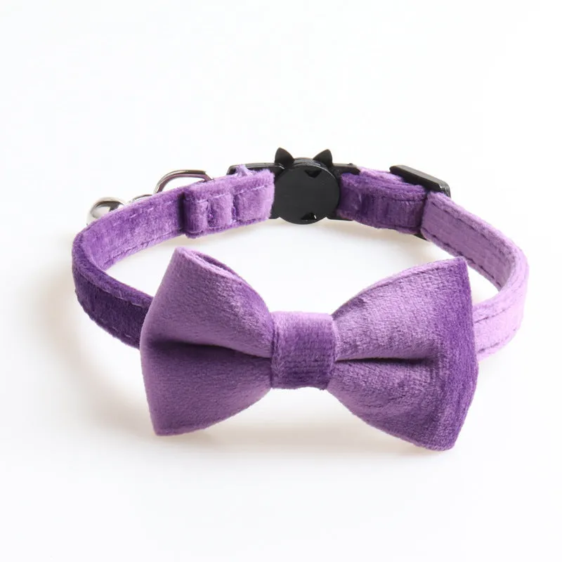 Velvet dog collar with bowknot in blue, adjustable 28cm for small pets