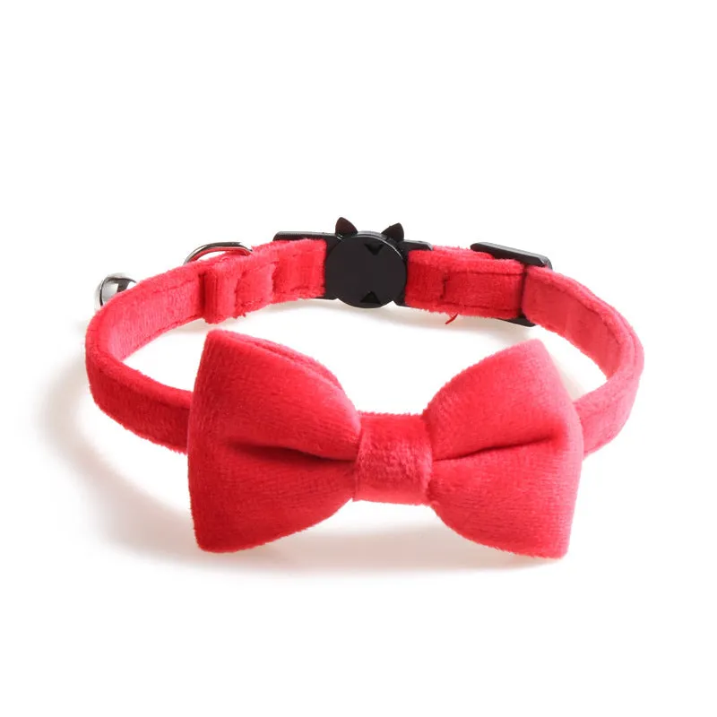 Velvet dog collar with bowknot in blue, adjustable 28cm for small pets