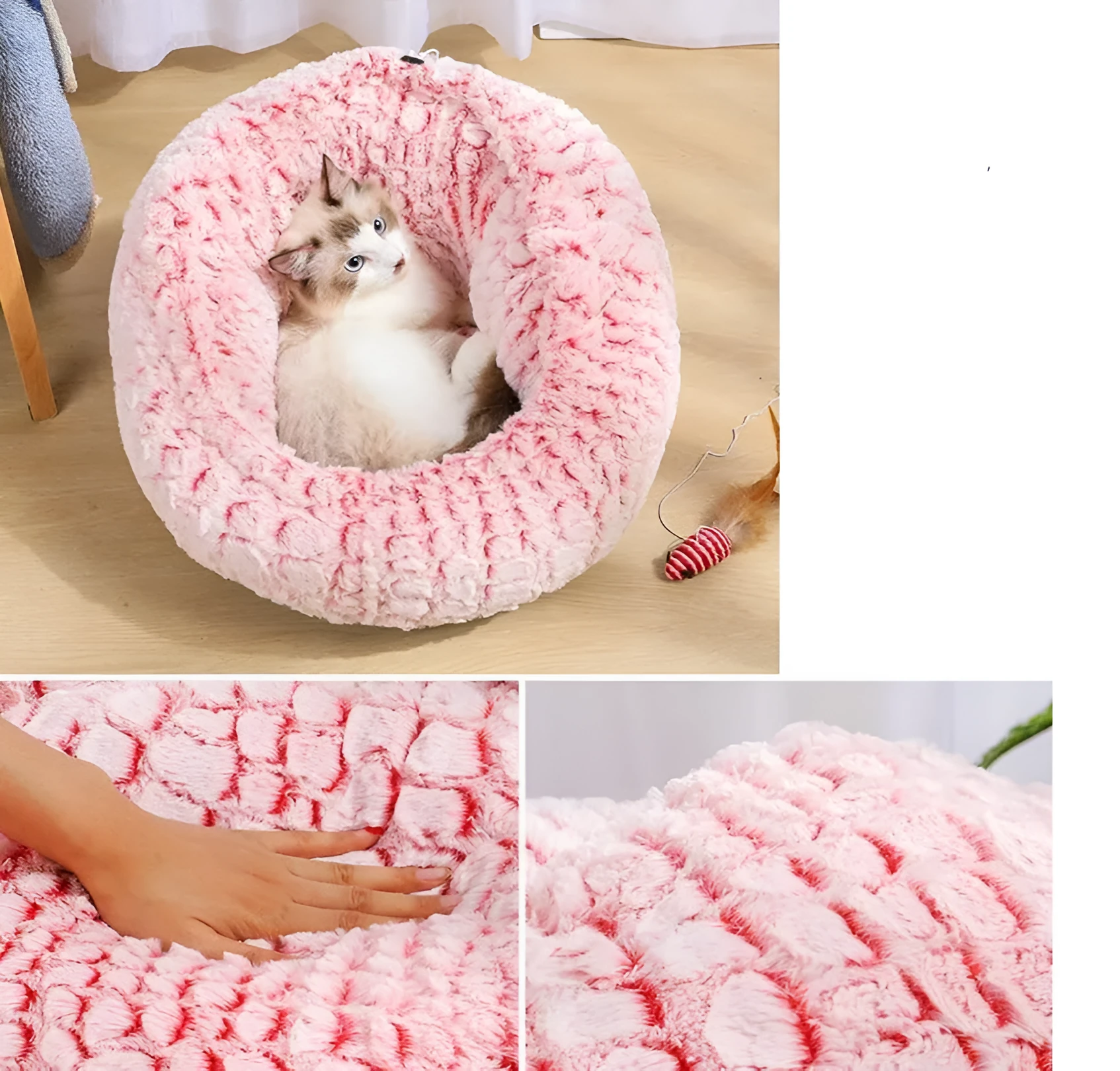 Round grey pet bed with soft PV velvet surface and non-slip dot plastic bottom, for cats and dogs