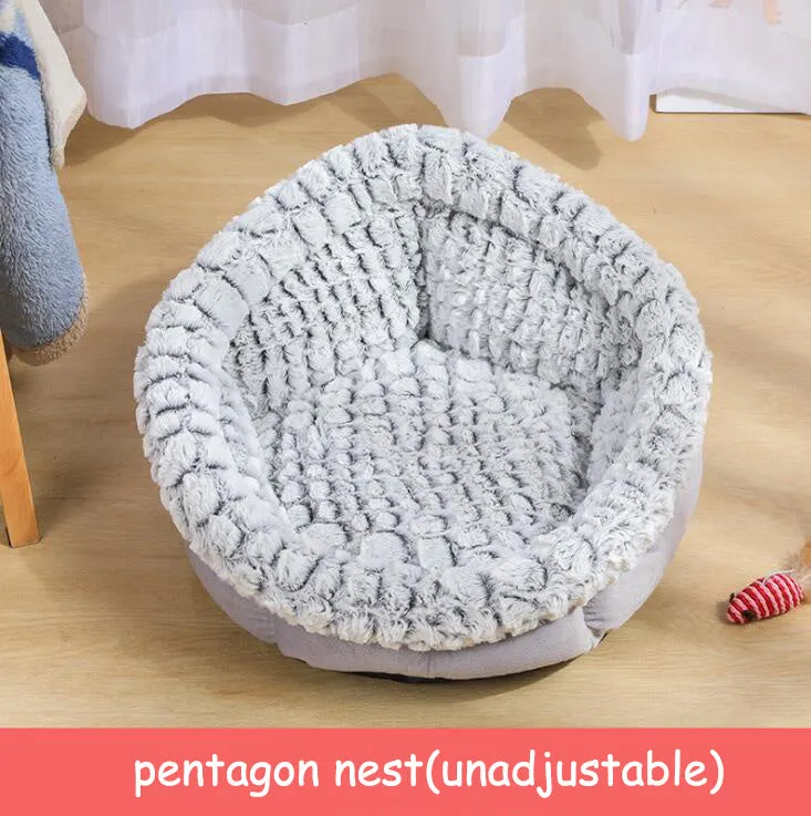 Round grey pet bed with soft PV velvet surface and non-slip dot plastic bottom, for cats and dogs