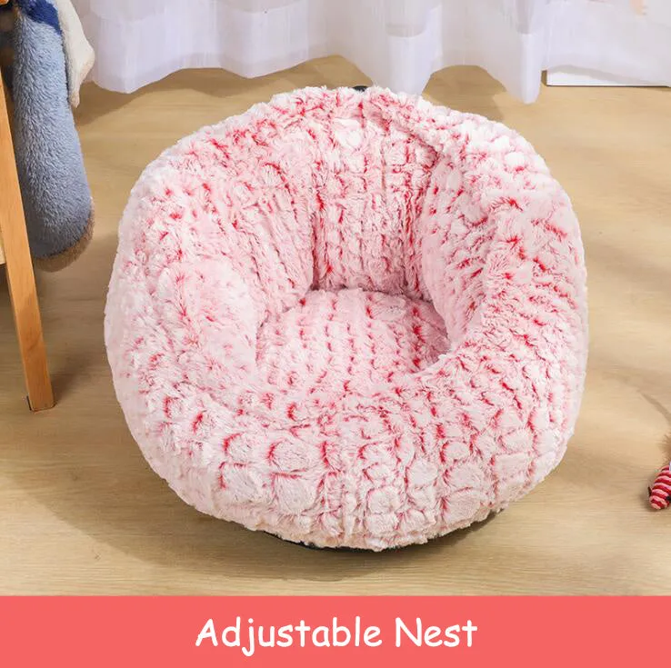 Round grey pet bed with soft PV velvet surface and non-slip dot plastic bottom, for cats and dogs