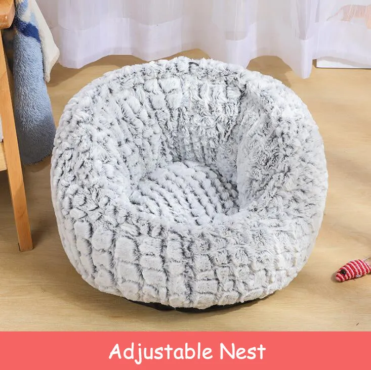 Round grey pet bed with soft PV velvet surface and non-slip dot plastic bottom, for cats and dogs