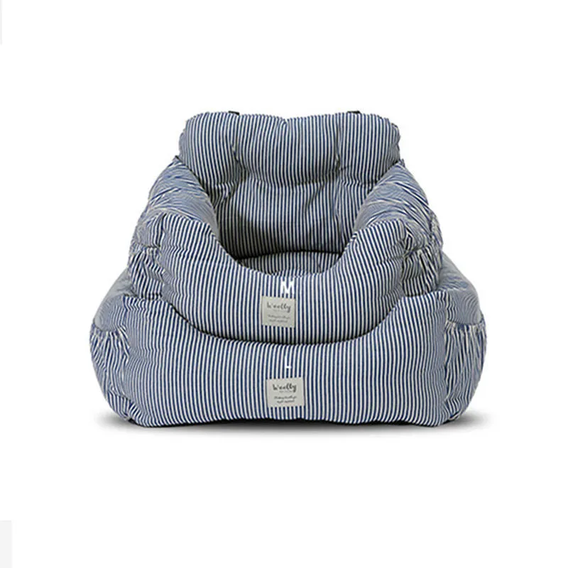 Canvas pet car seat cushion in striped pattern, set on a car seat with raised sides