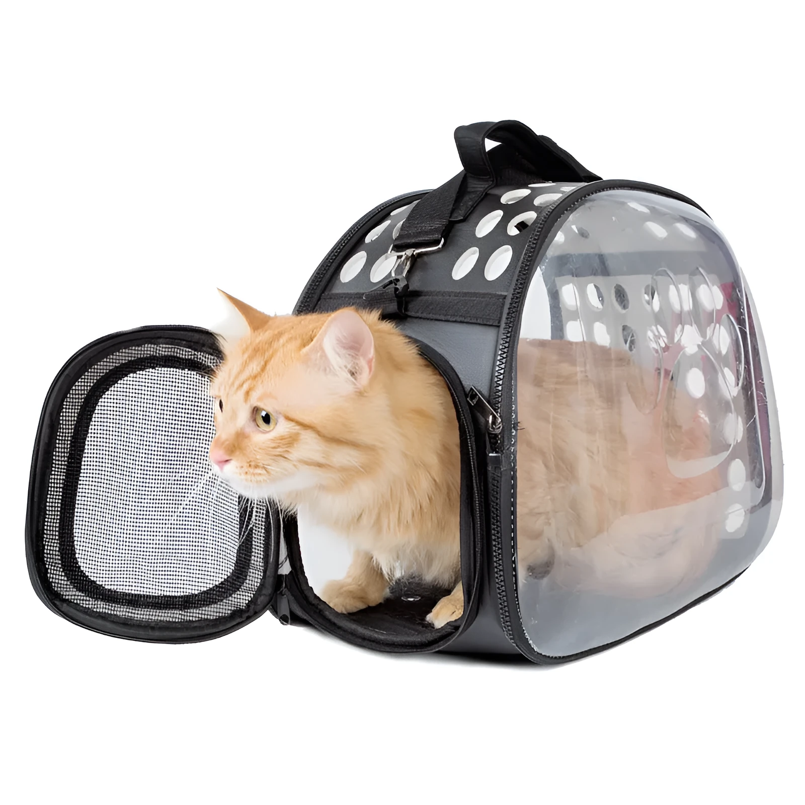 Pet backpack with transparent acrylic window and side vents for cats and small dogs, black colour, large size