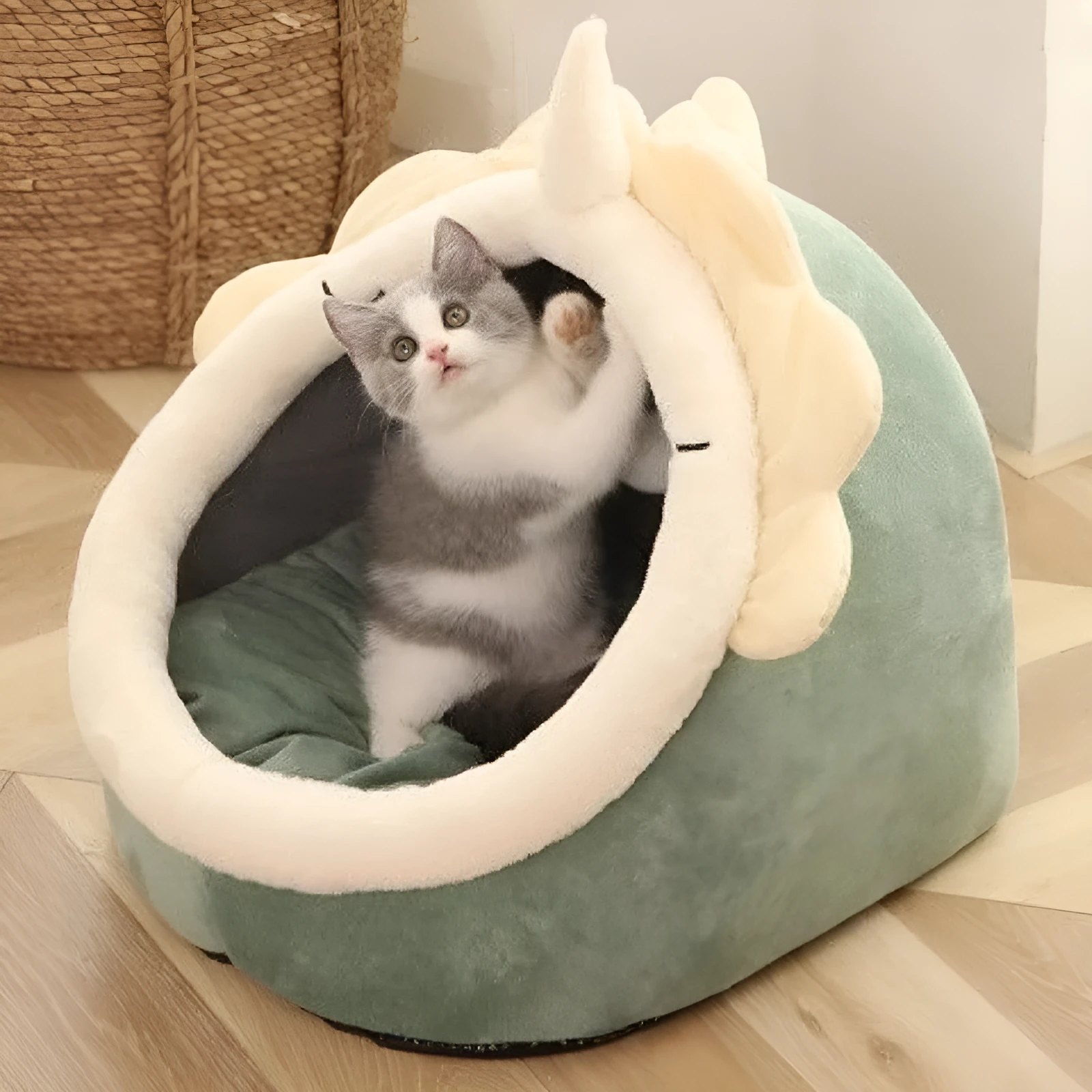 Semi-enclosed cat house with dinosaur pattern, removable washable mat, size L for large cats