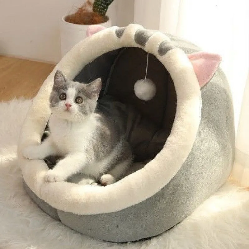 Semi-enclosed cat house with dinosaur pattern, removable washable mat, size L for large cats
