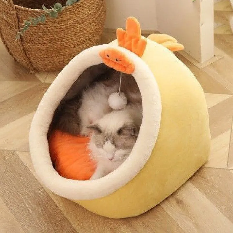 Semi-enclosed cat house with dinosaur pattern, removable washable mat, size L for large cats