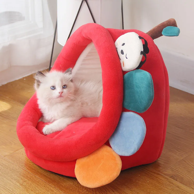 Semi-enclosed cat house with dinosaur pattern, removable washable mat, size L for large cats