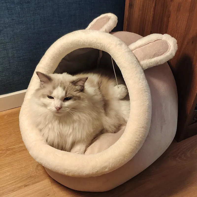 Semi-enclosed cat house with dinosaur pattern, removable washable mat, size L for large cats